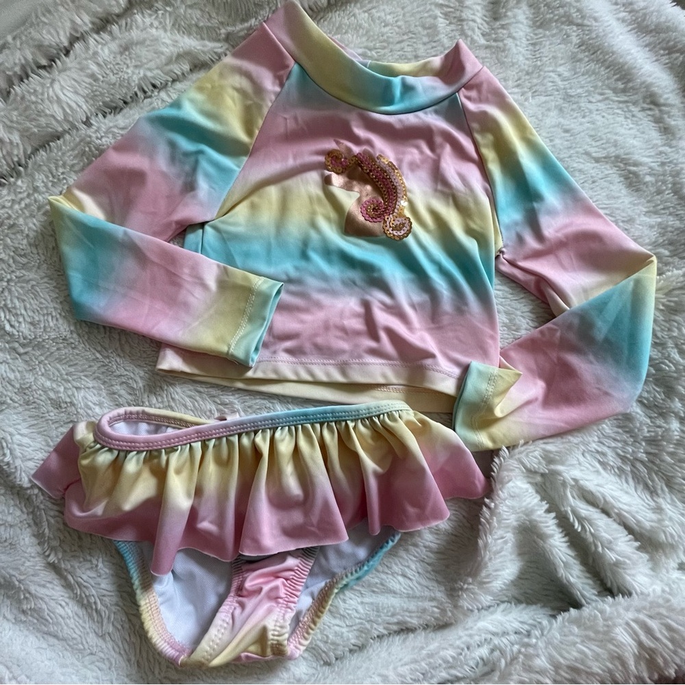 Penelope Mack Girls Unicorn Pink Two Piece Swimsuit Size 5 perfect condition